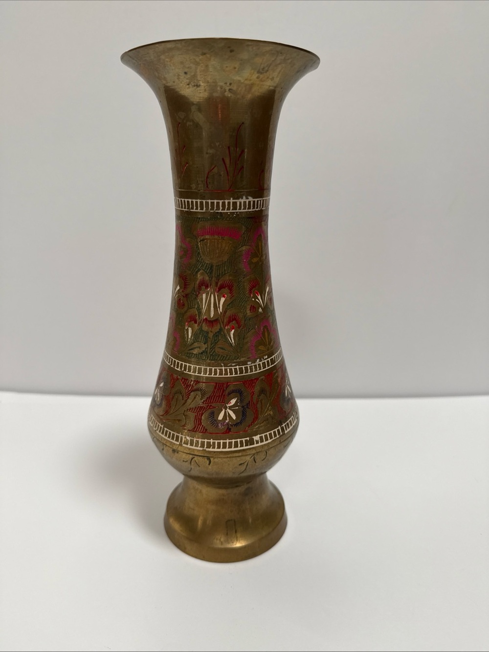 Solid Brass Decorative Vase with Red Accents hand etched from Saudi Arabia - Picture 2 of 11